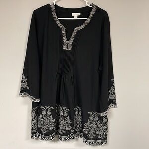 Charter Club White  & Black Floral 3/4 Sleeve Top, XL, Embroidered , 100% cotton